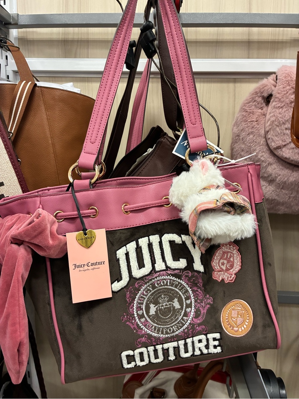 Juicy Couture Brown and Pink Logo Tote with Plush Charm